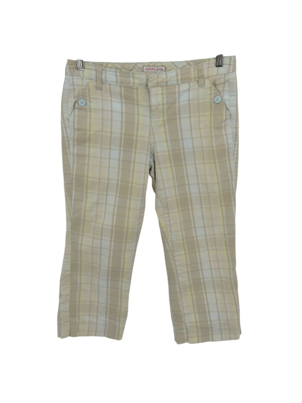 Tommy Jeans Juniors 9 Beige Yellow Blue Check Plaid Capri Pants 2005 Y2K Preppy
